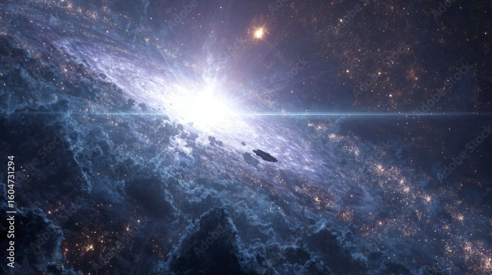 Fototapeta premium Spaceship watching two stars collide from afar, powerless, mesmerized by chaos