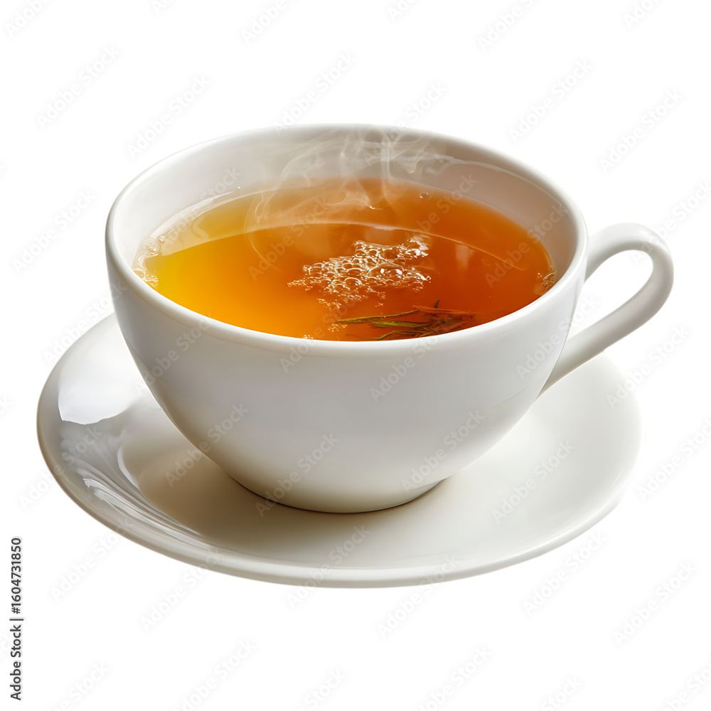 A close up of a white teacup filled with hot tea sitting on a matching white saucer dish isolated on white or transparent background. A close up of a white teacup filled with hot tea sitting on a matching white saucer dish isolated on white or transparent background.