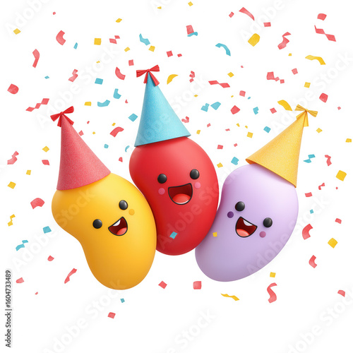 Happy colorful jelly beans wearing party hats with confetti falling around, celebrating joyful festive event with cheerful expressions and bright colors