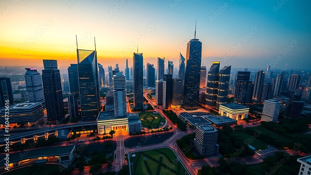 Obraz premium Aerial view of a modern cityscape with skyscrapers at dusk under a colorful sky with city lights on