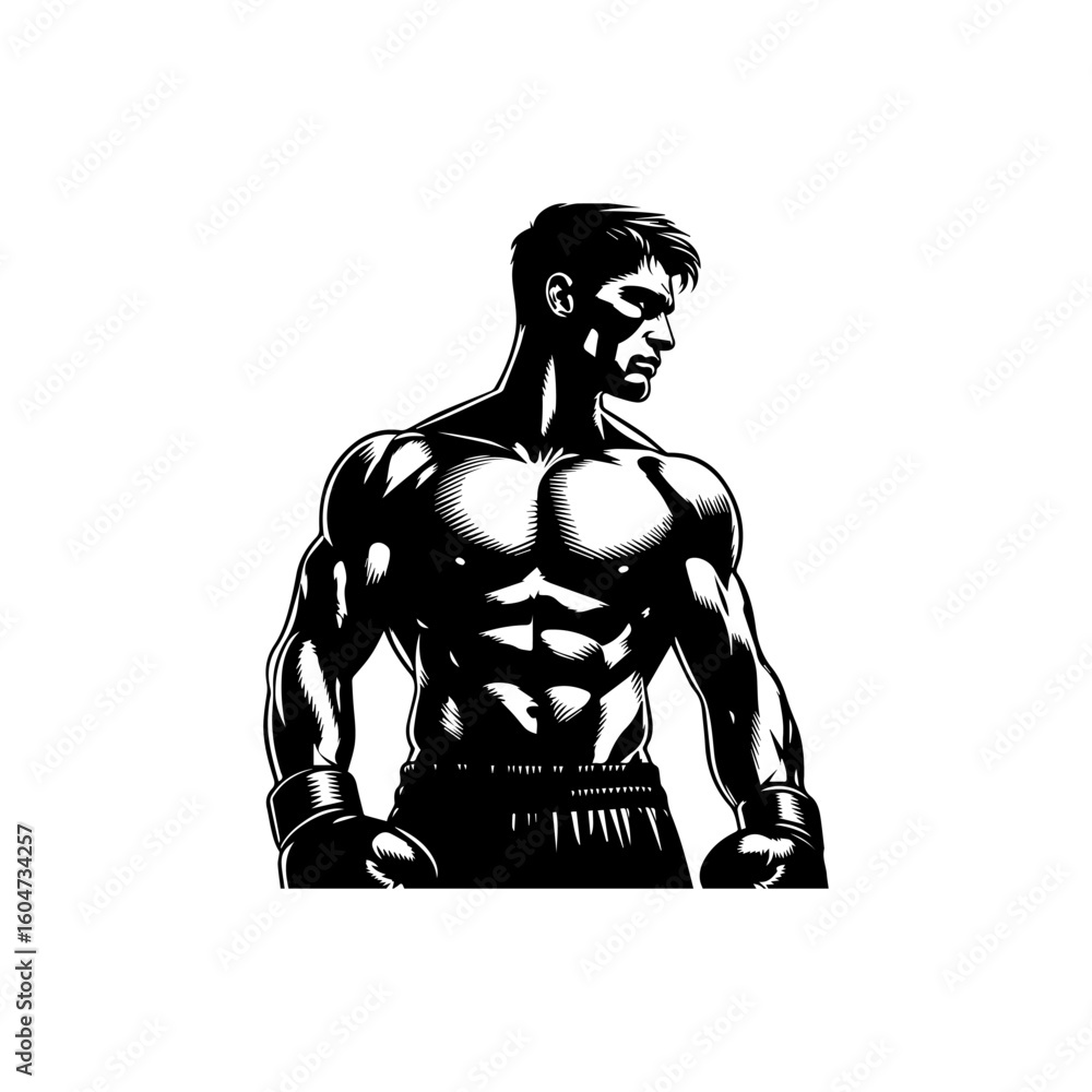 Fototapeta premium Muscular Boxer in Dramatic Black and White Illustration Ready to Fight.