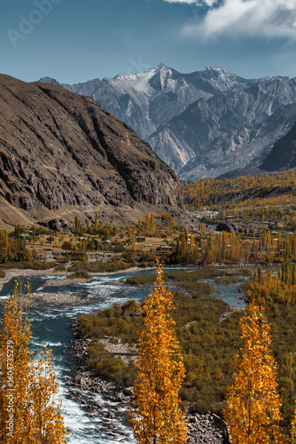 The autumn scenery with Hindu Kush mountain range in the background is very beautiful, Gahkuch,northern Pakistan.