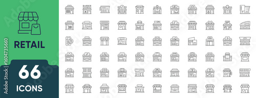 Retail Line Icon Set. Set of 66 outline icons including shopping, stores, price tags, sales, barcode, POS, customer service, inventory, and delivery. Editable stroke. Linear vector illustration.