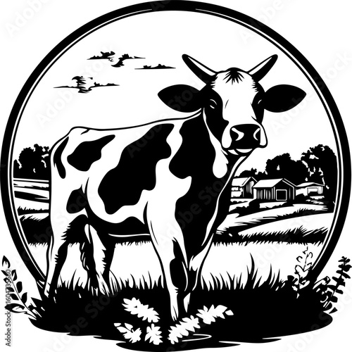 Black and White Farm Scene with Cow Silhouette in Circular Frame