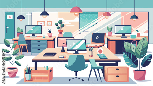 Modern office interior with desks computers plants and chairs startup tech