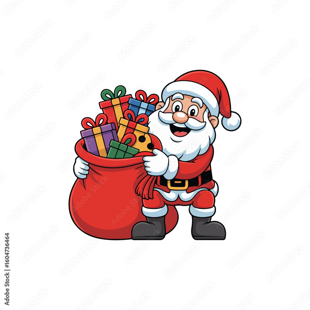 Obraz premium Cartoon Santa Claus holding a red sack full of colorful wrapped gifts Christmas presents