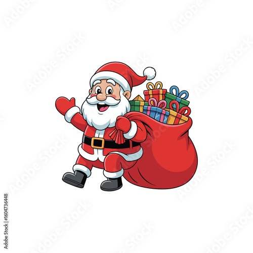 Cartoon Santa Claus waving with a sack full of colorful gifts Christmas holiday 1