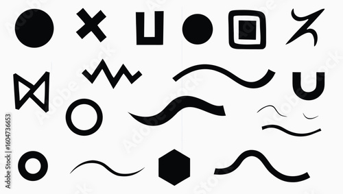 Black geometric shapes and wavy lines on white background abstract