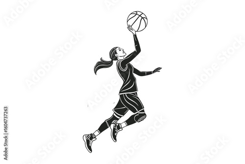 Dynamic silhouette of a female basketball player in mid air jumping to shoot the ball isolated on white background
