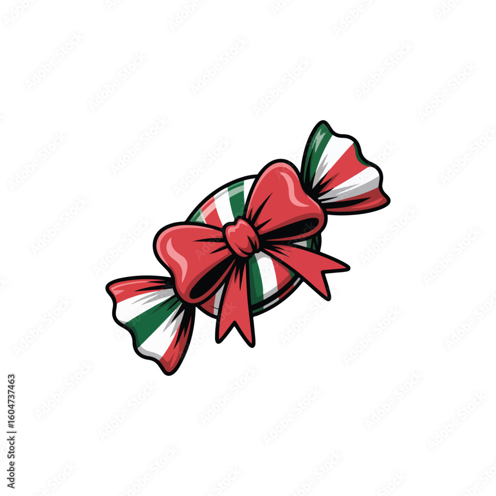 Naklejka premium Red Bow Tied Around Candy Wrapped in Italian Flag Colors Green White Red sweet treat