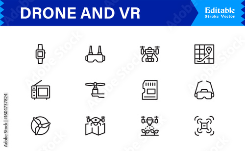 Drone and Virtual Reality Icons – Modern Professional Line Icon Set Featuring Minimal Vector Design for Technology and Innovation Themes