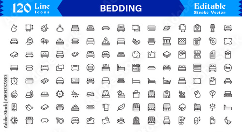 Bedding and Sleep Essentials Icons – Modern Professional Line Icon Set Featuring Minimal Vector Design for Comfort and Home Decor Themes