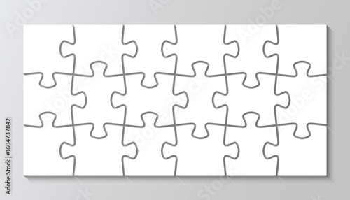 Jigsaw mosaic with 18 separate details. Puzzle cutting template, pieces grid. Scheme of thinking game. Modern background with separate shapes. Simple frame tiles. Vector illustration