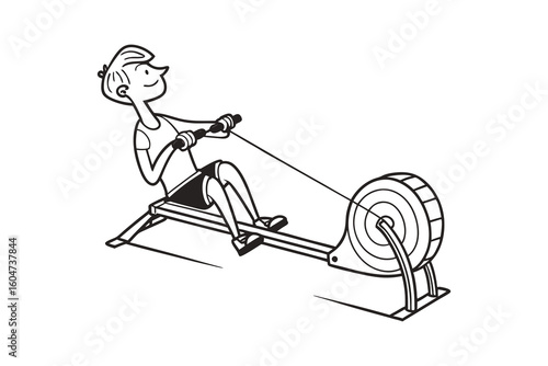 Cartoon illustration of a person rowing on a rowing machine in a silhouette style isolated on white background