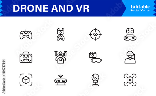 Drone and Virtual Reality Icons – Modern Professional Line Icon Set Featuring Minimal Vector Design for Technology and Innovation Themes