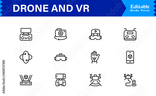 Drone and Virtual Reality Icons – Modern Professional Line Icon Set Featuring Minimal Vector Design for Technology and Innovation Themes