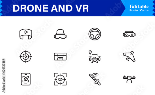 Drone and Virtual Reality Icons – Modern Professional Line Icon Set Featuring Minimal Vector Design for Technology and Innovation Themes