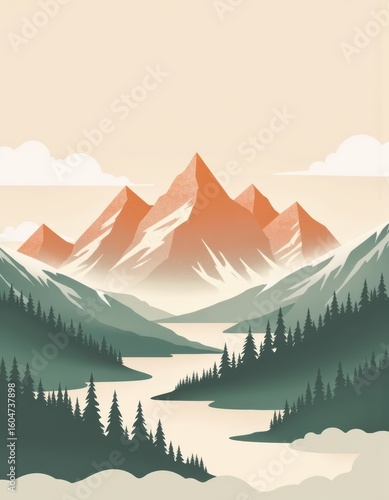 Minimalist mountain peaks with gradient snow and serene river landscape