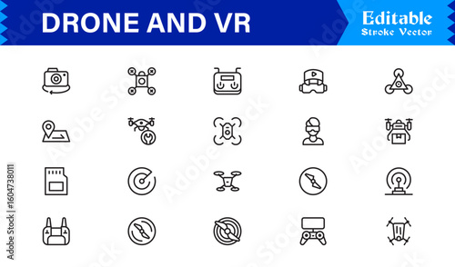 Drone and Virtual Reality Icons – Modern Professional Line Icon Set Featuring Minimal Vector Design for Technology and Innovation Themes