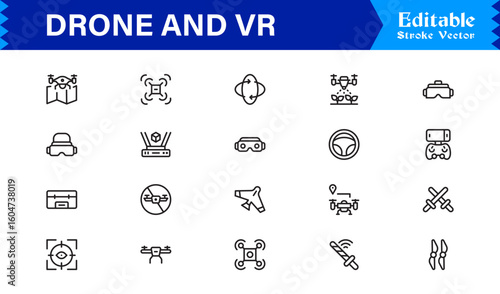 Drone and Virtual Reality Icons – Modern Professional Line Icon Set Featuring Minimal Vector Design for Technology and Innovation Themes