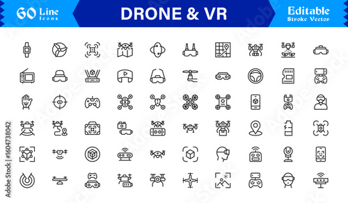 Drone and Virtual Reality Icons – Modern Professional Line Icon Set Featuring Minimal Vector Design for Technology and Innovation Themes