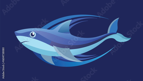 Sleek blue shark swimming through stylized ocean waves water