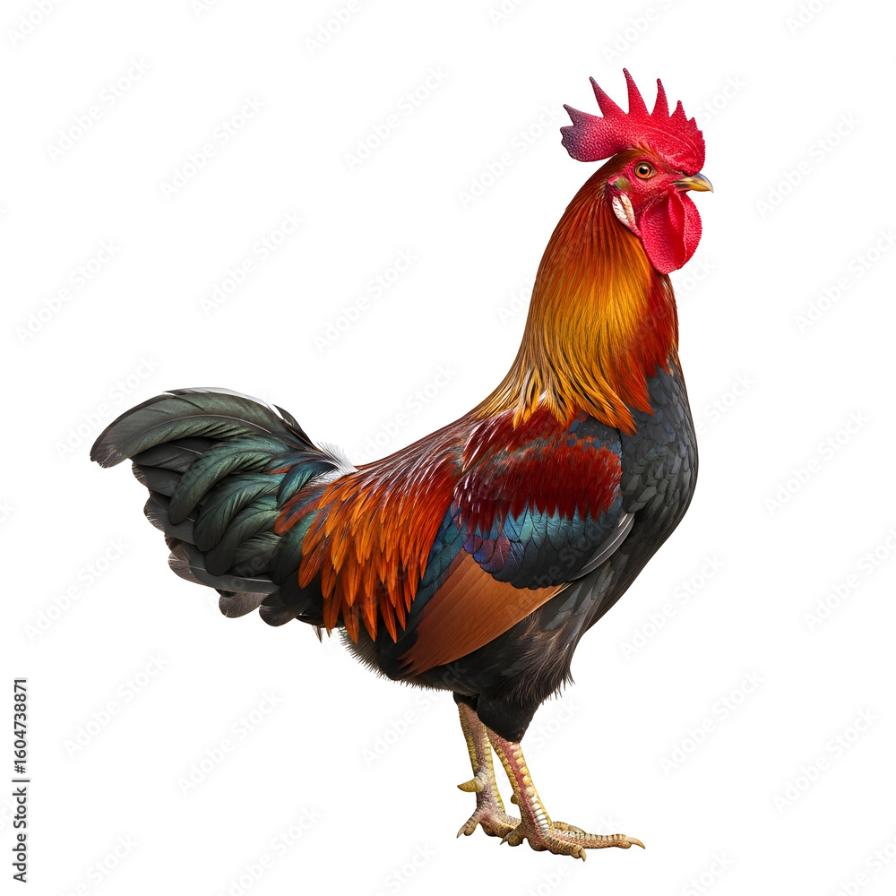 Fototapeta premium Colorful Rooster with Vibrant Plumage in Profile View.