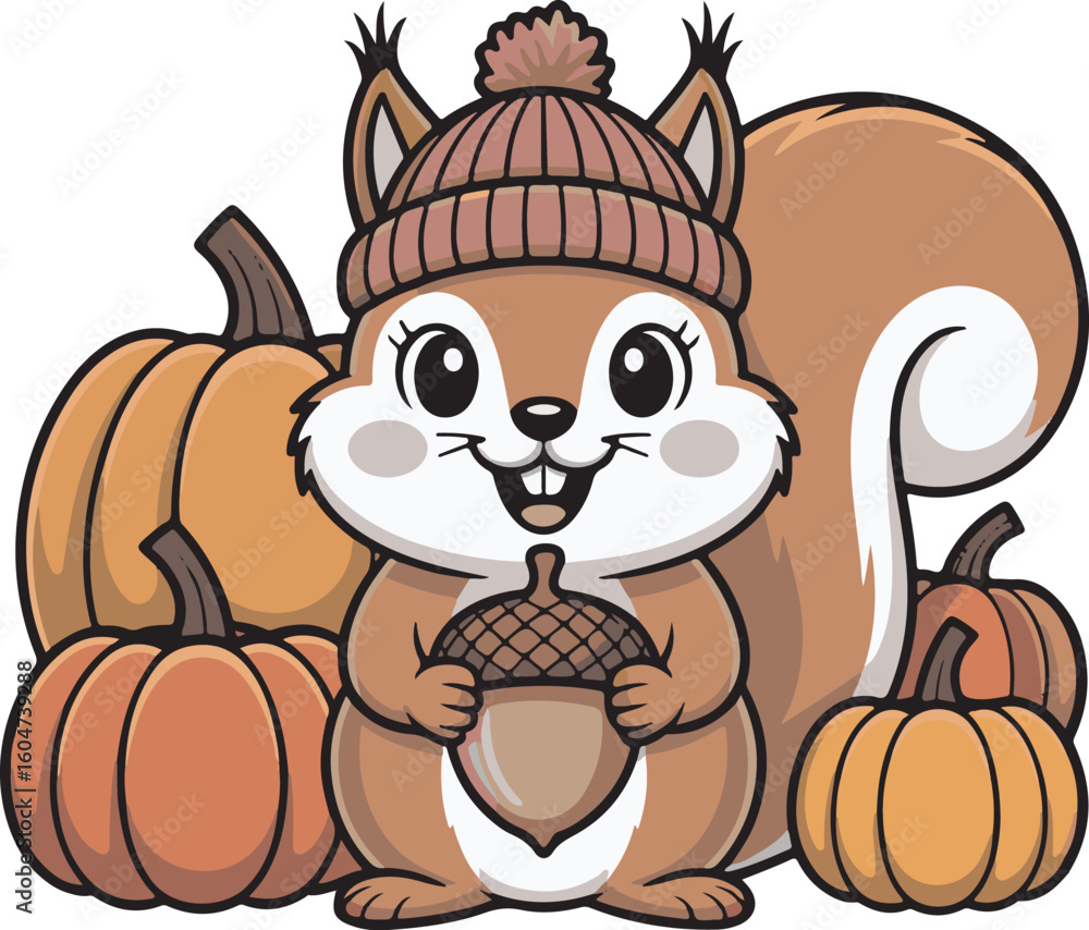 Naklejka premium Cute Squirrel with Acorn and Pumpkins on Transparent Background Vector Illustration