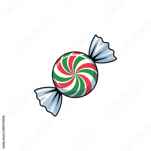 Round red green and white swirled candy in light blue wrapper sweet treat