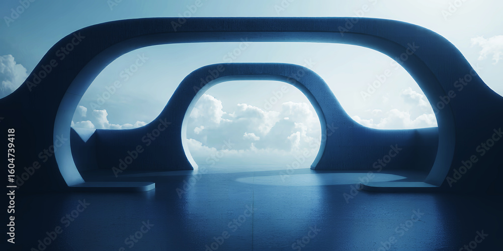 Fototapeta premium Abstract architecture with arches framing a cloudy sky and water reflection in blue tones
