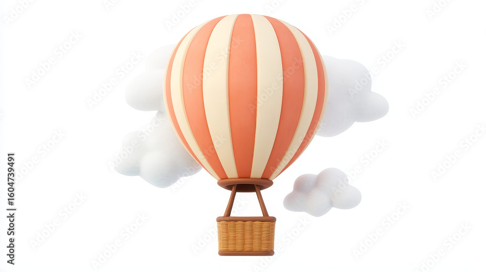 Naklejka premium Striped hot air balloon with a retro basket rising, clay-style illustration on a white background. Symbolizing aerostat flight for ballooning festivals and skyward journeys through the clouds.