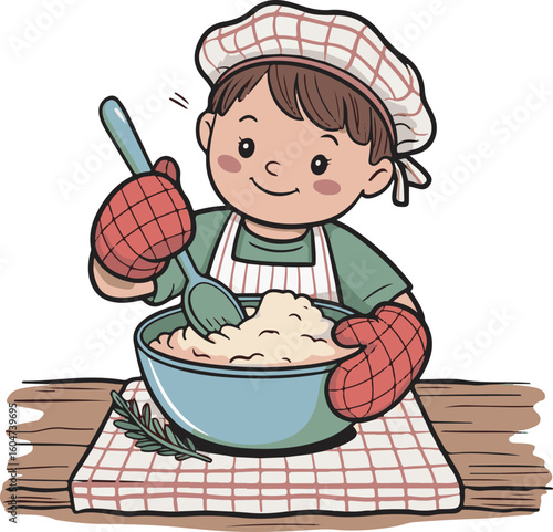 Cartoon Chef Boy Mixing Ingredients in Bowl with Mittens and Hat on Wooden Table Vector