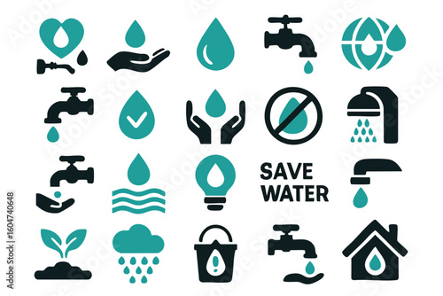 A collection of water-related icons, including taps, droplets, and eco-friendly symbols, designed for environmental conservation and representing the importance of saving water.