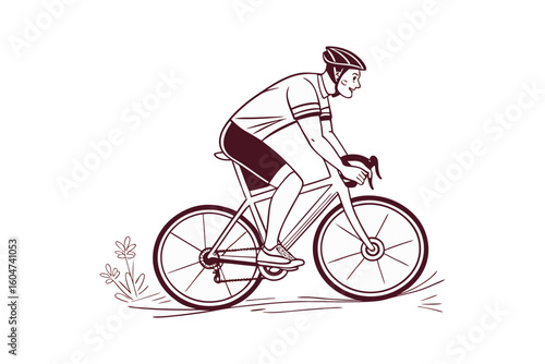 Vintage cyclist in profile riding a road bicycle in a dynamic pose isolated on white background silhouette