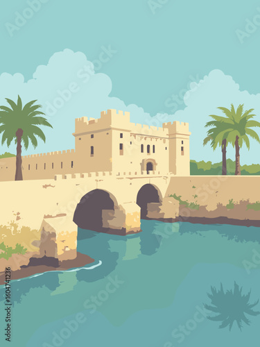 St. Augustine, FL – Castillo de San Marcos, Bridge of Lions in fort stone, lion yellow, sky blue, and palm green
