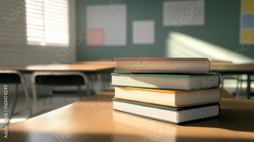 Four colorful books are neatly stacked on a wooden desk in a sunlit classroom, ready for the start of the school day, symbolizing learning and education