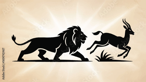 Powerful lion chasing an antelope across the savannah in black silhouette with a bright burst of light for striking contrast illustration