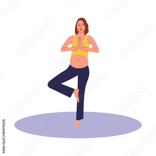 A pregnant woman in yoga tree pose practicing meditation, ideal for maternity fitness, wellness blogs, and healthcare designs. Pregnant woman outline flat vector concept.