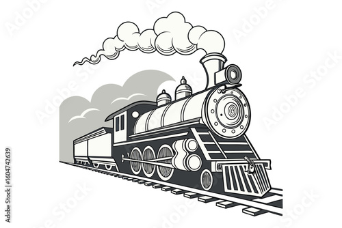 Vintage steam locomotive with billowing smoke traveling on railway tracks silhouette isolated on white background