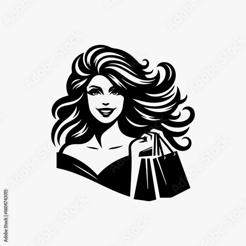 Stylish woman with voluminous hair holding shopping bags monochrome vector.