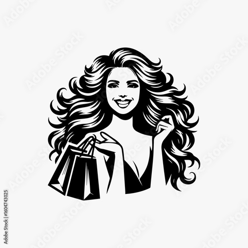 Stylish woman with voluminous curls holding shopping bags smiling broadly.