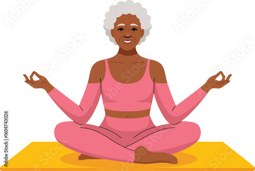 Illustration of person meditating cross-legged on yoga mat with Gyan Mudra hand gesture, symbolizing mindfulness, calm, wellness, and inner peace
