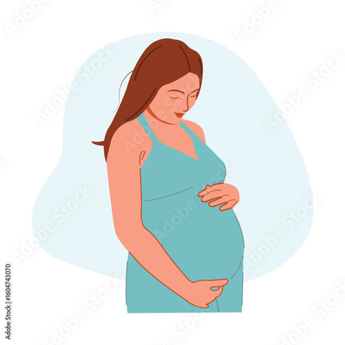 A pregnant woman touching her belly, perfect for pregnancy health, motherhood, and parenting designs. Pregnant woman outline flat vector concept.