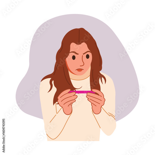 A woman holding negative result pregnancy test. Reproductive system trouble, inability to get pregnant concept. Pregnancy test outline flat vector concept.