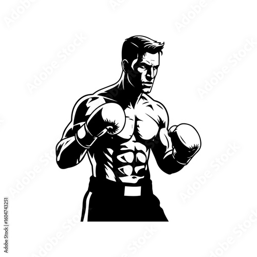 Stylized Boxer with Gloves in Fighting Stance Muscular Build Black and White.