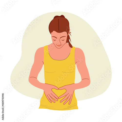 A pregnant woman love sign on her belly, perfect for pregnancy health, motherhood, and parenting designs. Pregnant woman outline flat vector concept.