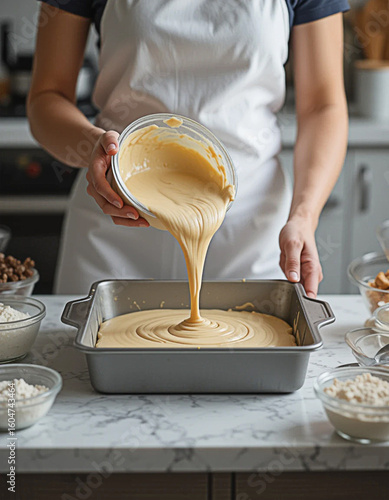 Woman Pouring Cake Batter into Pan for Baking