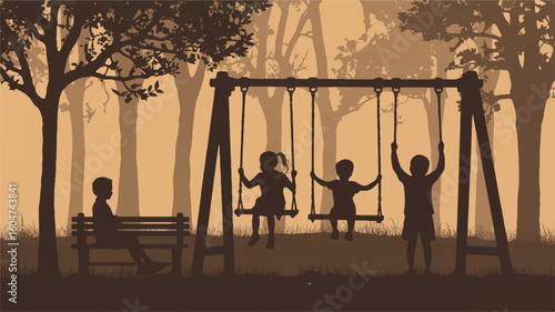 Silhouette of Children Playing on Swings in a Forest at Sunset Serene and Peaceful Childhood Scene