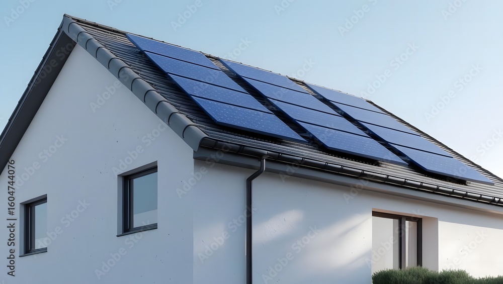 Fototapeta premium Modern house with solar panels installed on the roof under a clear blue sky