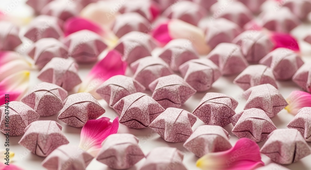 Fototapeta premium A close up view of many pink origami stars scattered among pink flower petals on a white surface